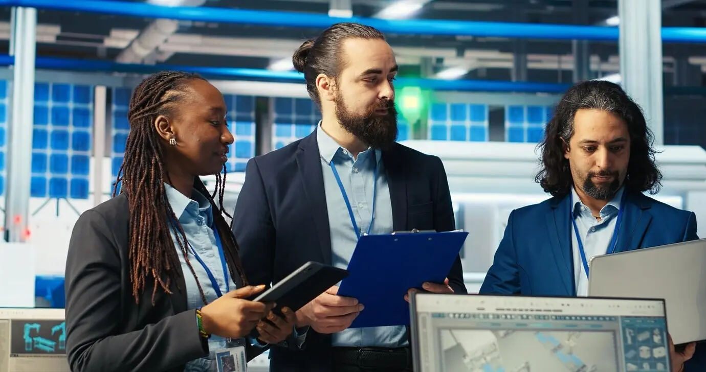 Team von gut gelaunten Vorgesetzten bei der Inspektion einer Solarmodul-Produktionsanlage